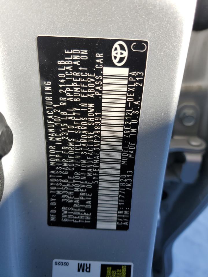 2022 TOYOTA COROLLA LE VIN:5YFEPMAE0NP288991