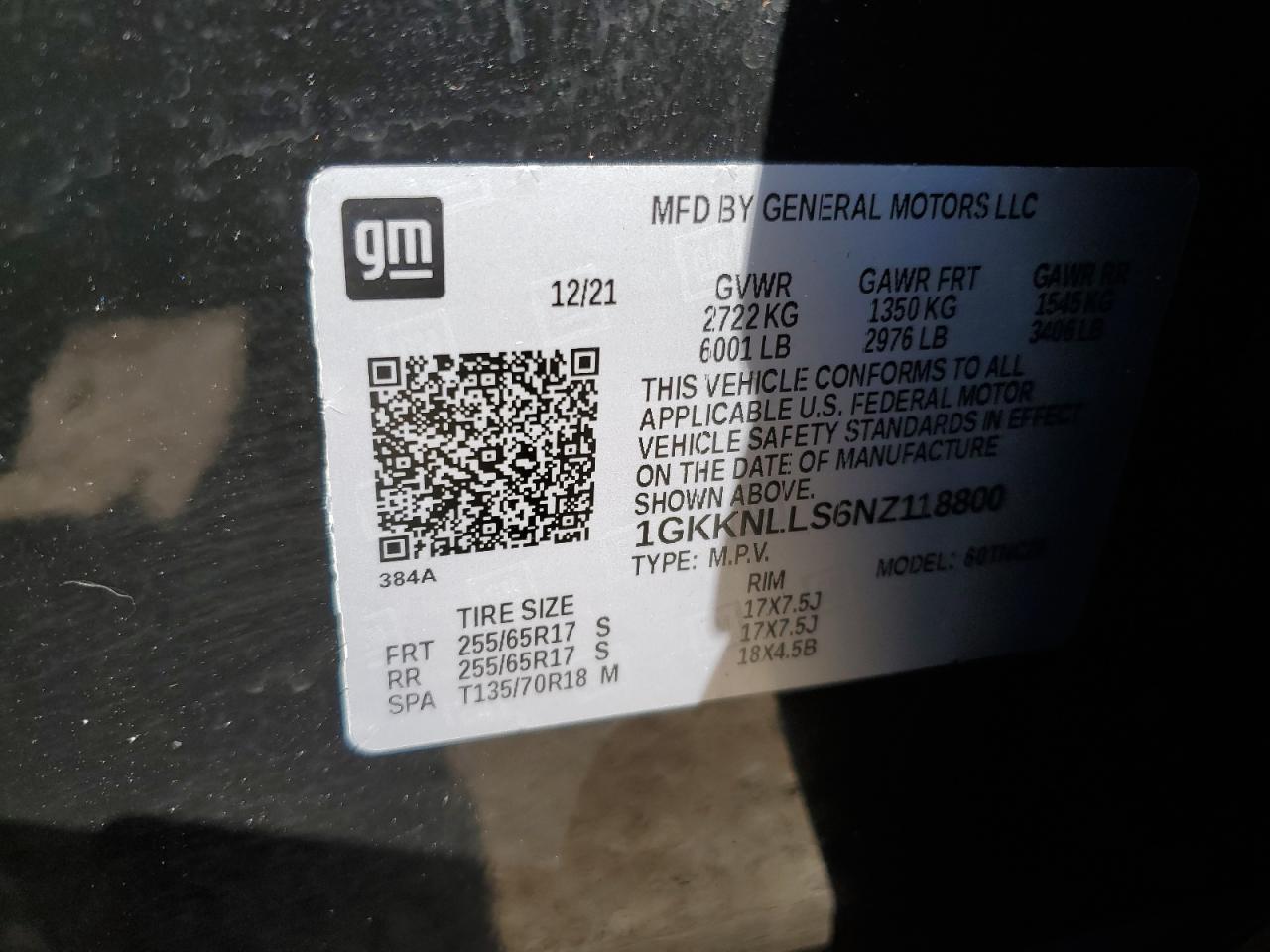 2022 GMC ACADIA AT4 VIN:1GKKNLLS6NZ118800