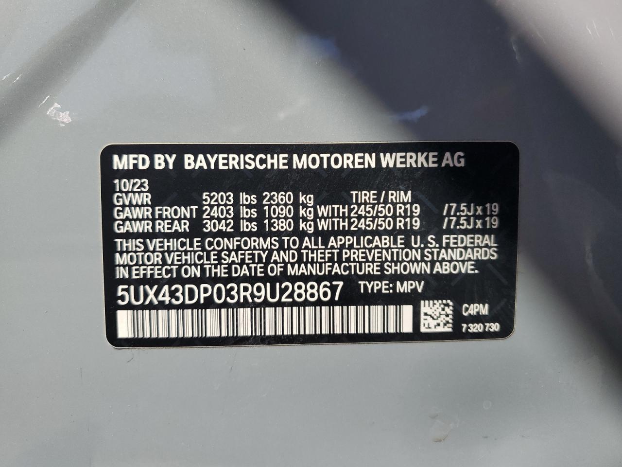 2024 BMW X3 SDRIVE30I VIN:5UX43DP03R9U28867