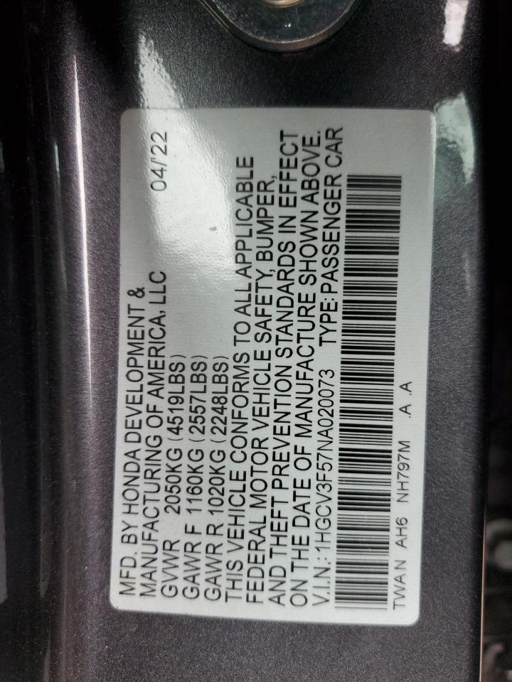 2022 HONDA ACCORD HYBRID EXL VIN:1HGCV3F57NA020073