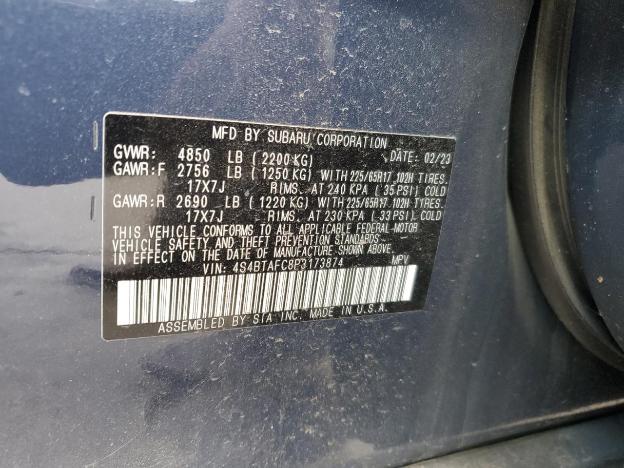 2023 SUBARU OUTBACK PREMIUM VIN:4S4BTAFC8P3173874