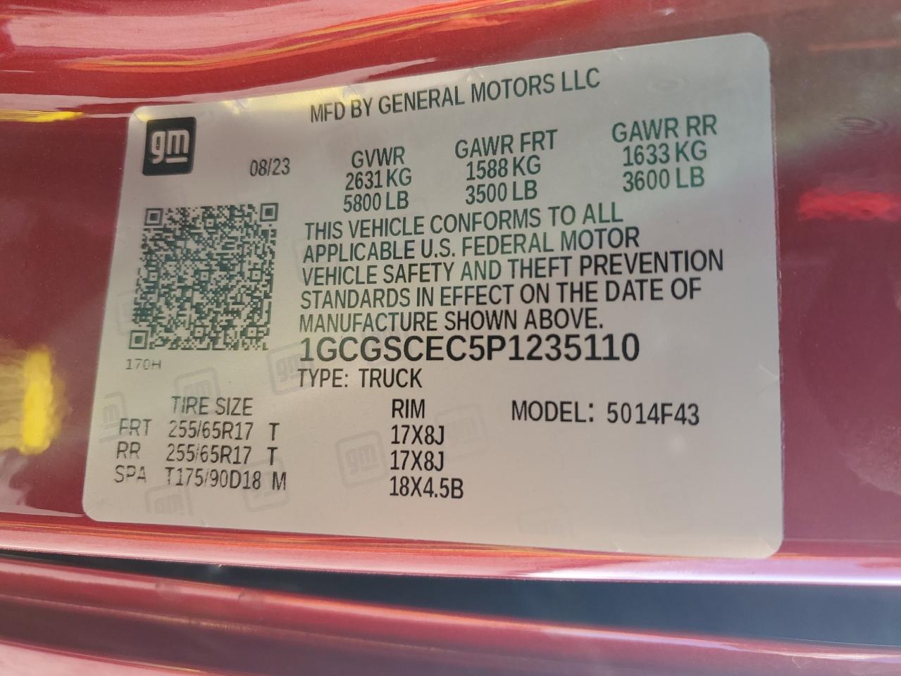 2023 CHEVROLET COLORADO LT VIN:1GCGSCEC5P1235110