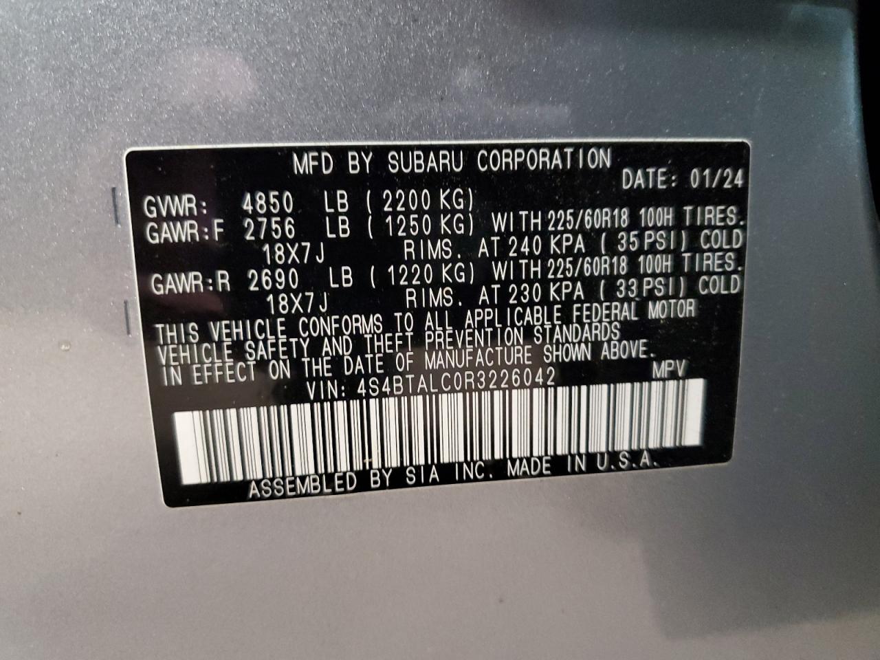 2024 SUBARU OUTBACK ONYX EDITION VIN:4S4BTALC0R3226042