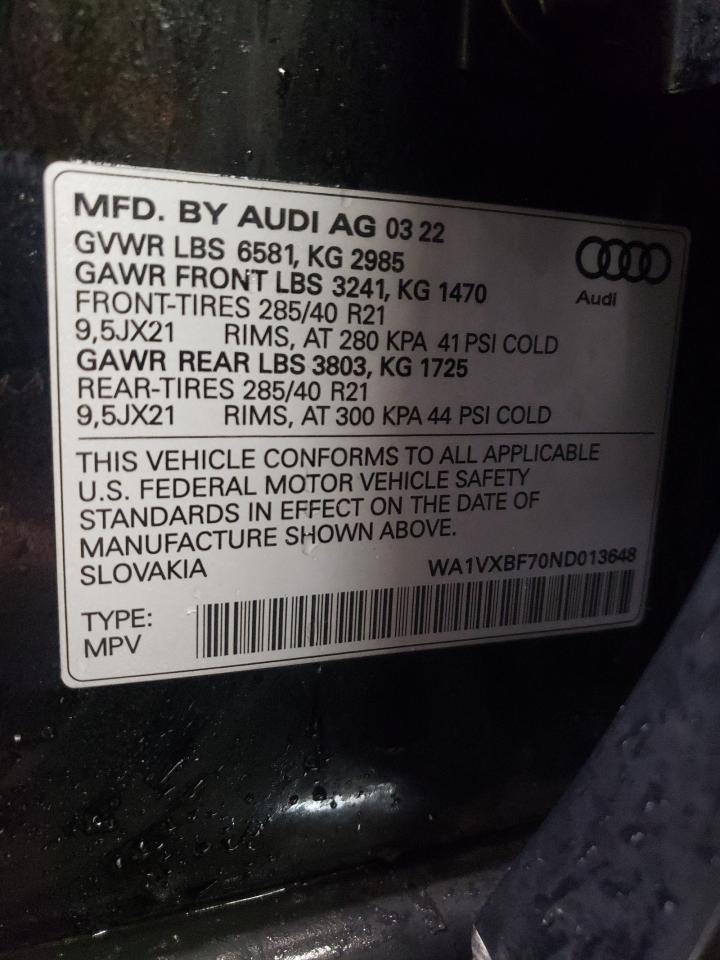 2022 AUDI Q7 PRESTIGE VIN:WA1VXBF70ND013648