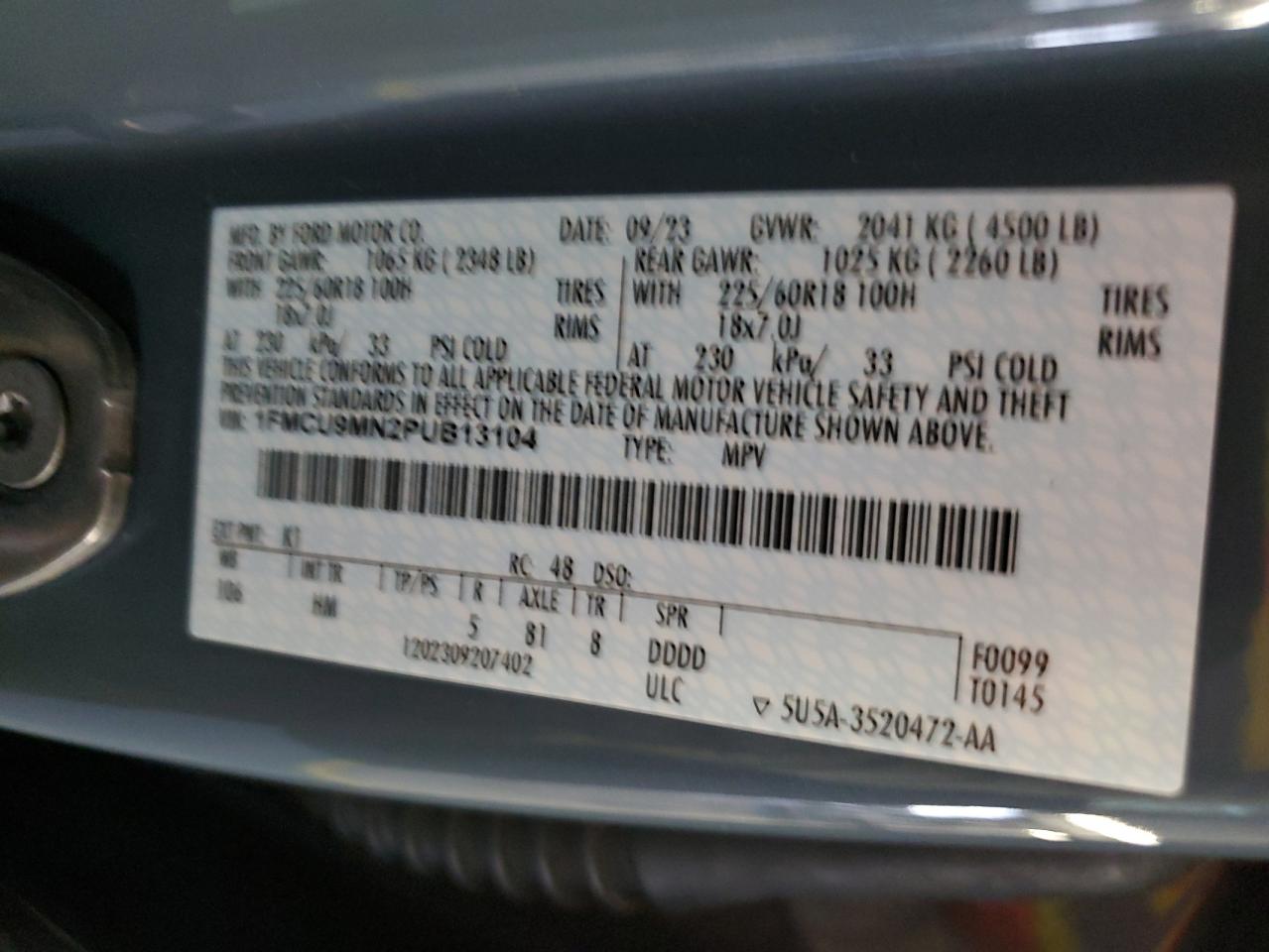 2023 FORD ESCAPE ST LINE VIN:1FMCU9MN2PUB13104