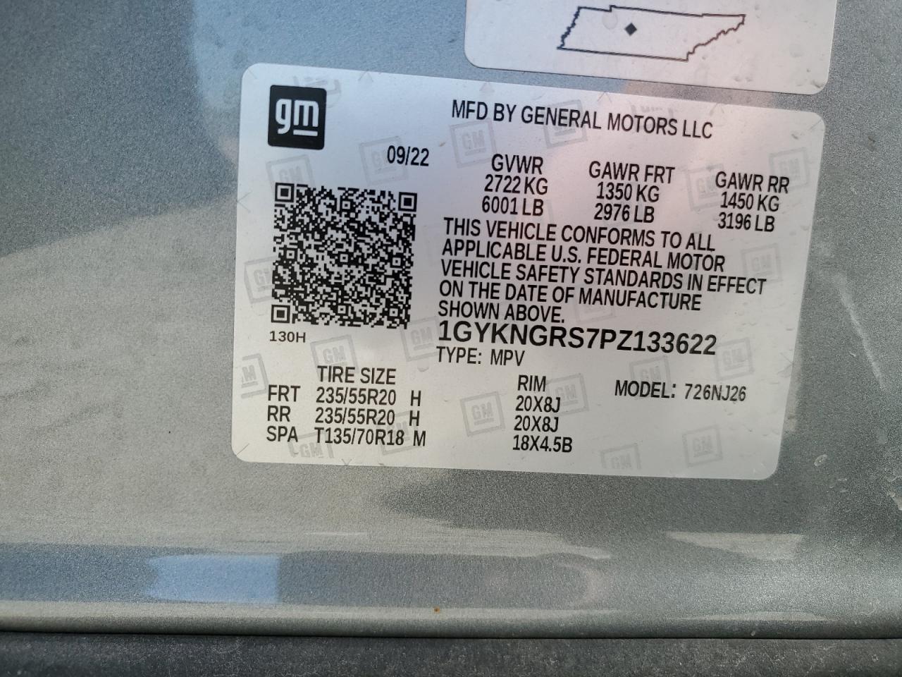 2023 CADILLAC XT5 SPORT VIN:1GYKNGRS7PZ133622