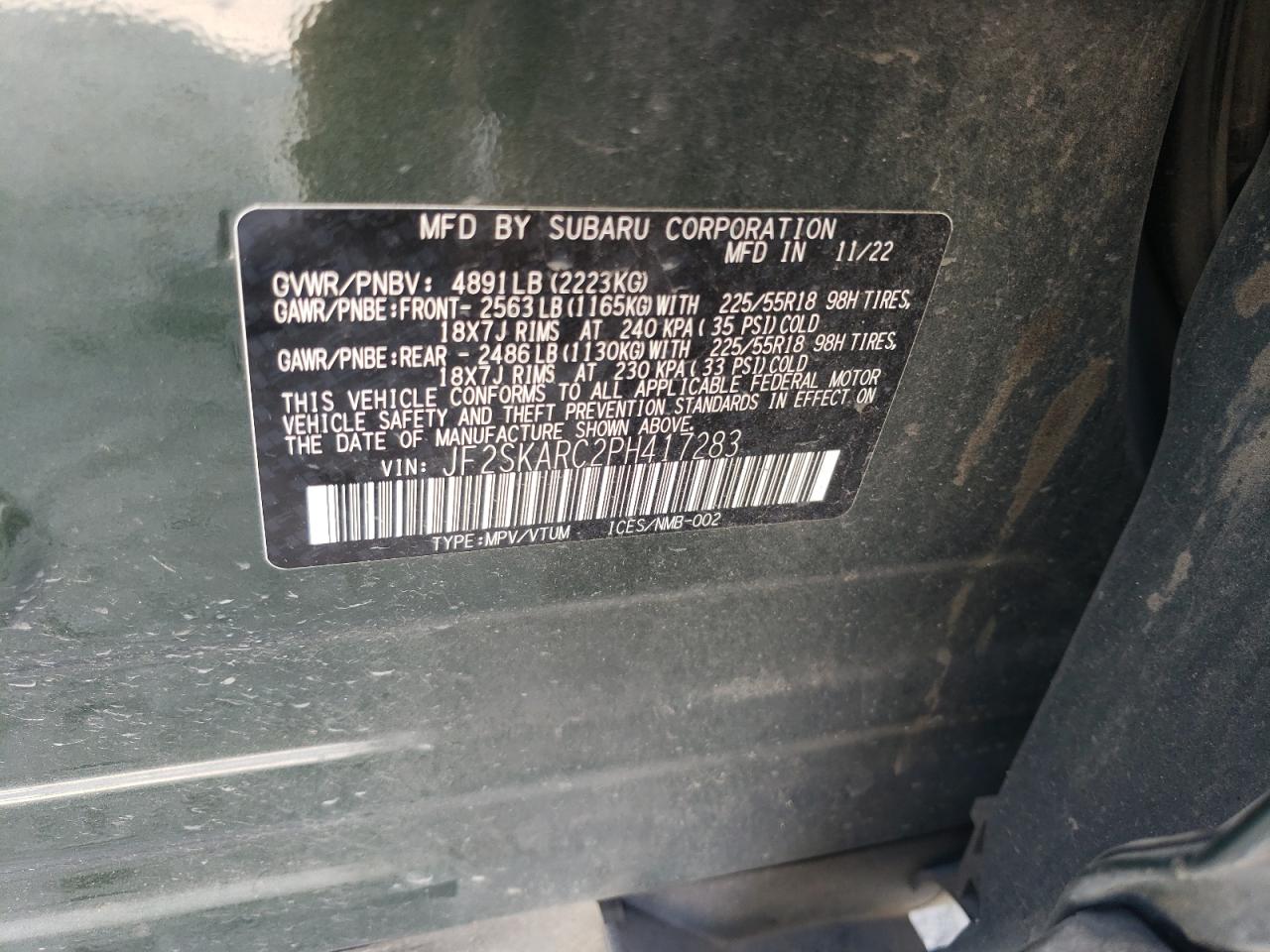 2023 SUBARU FORESTER TOURING VIN:JF2SKARC2PH417283