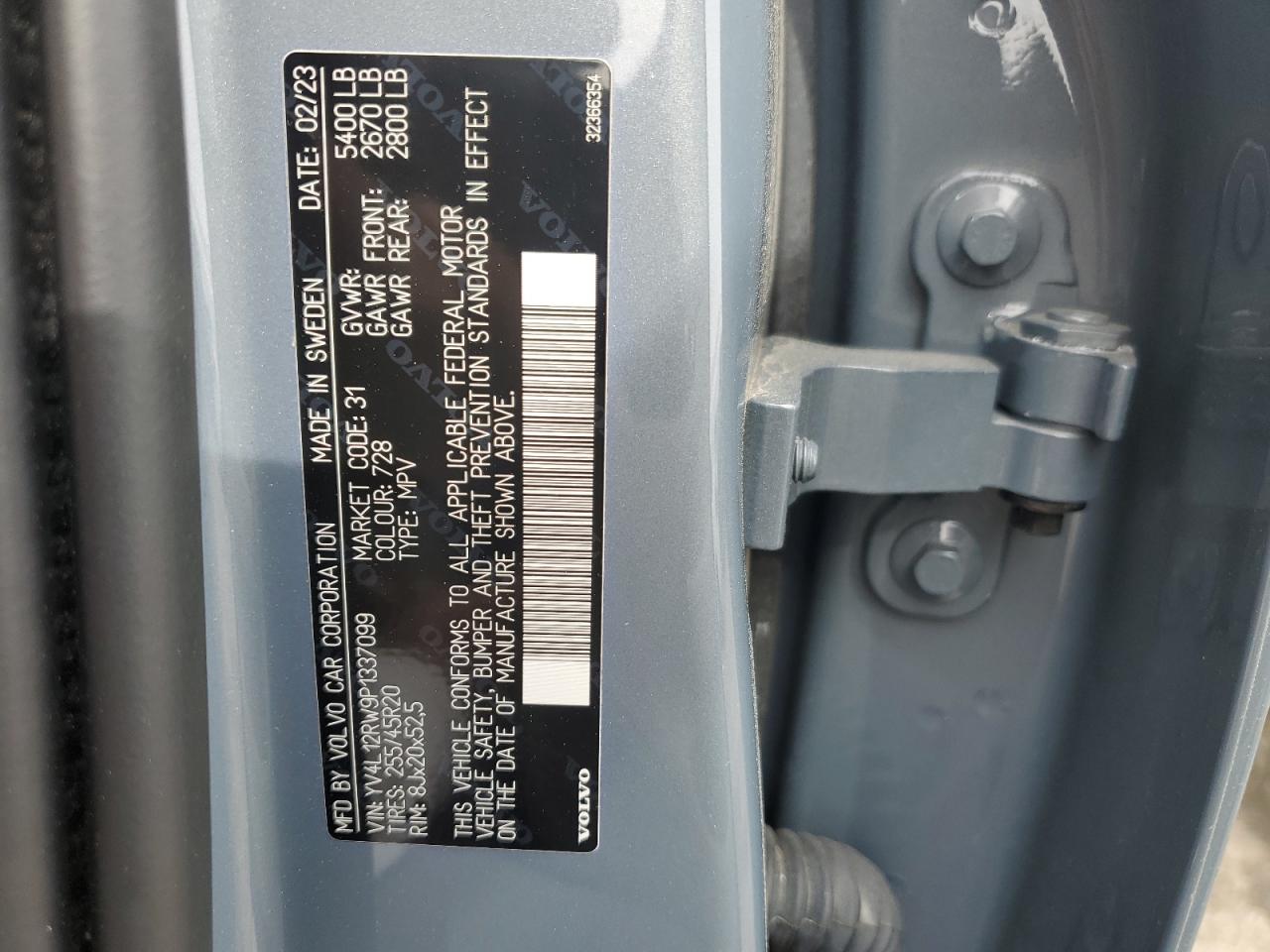 2023 VOLVO XC60 PLUS VIN:YV4L12RW9P1337099