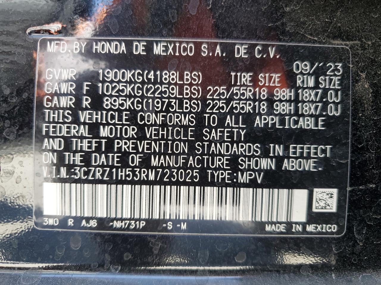 2024 HONDA HR-V SPORT VIN:3CZRZ1H53RM723025