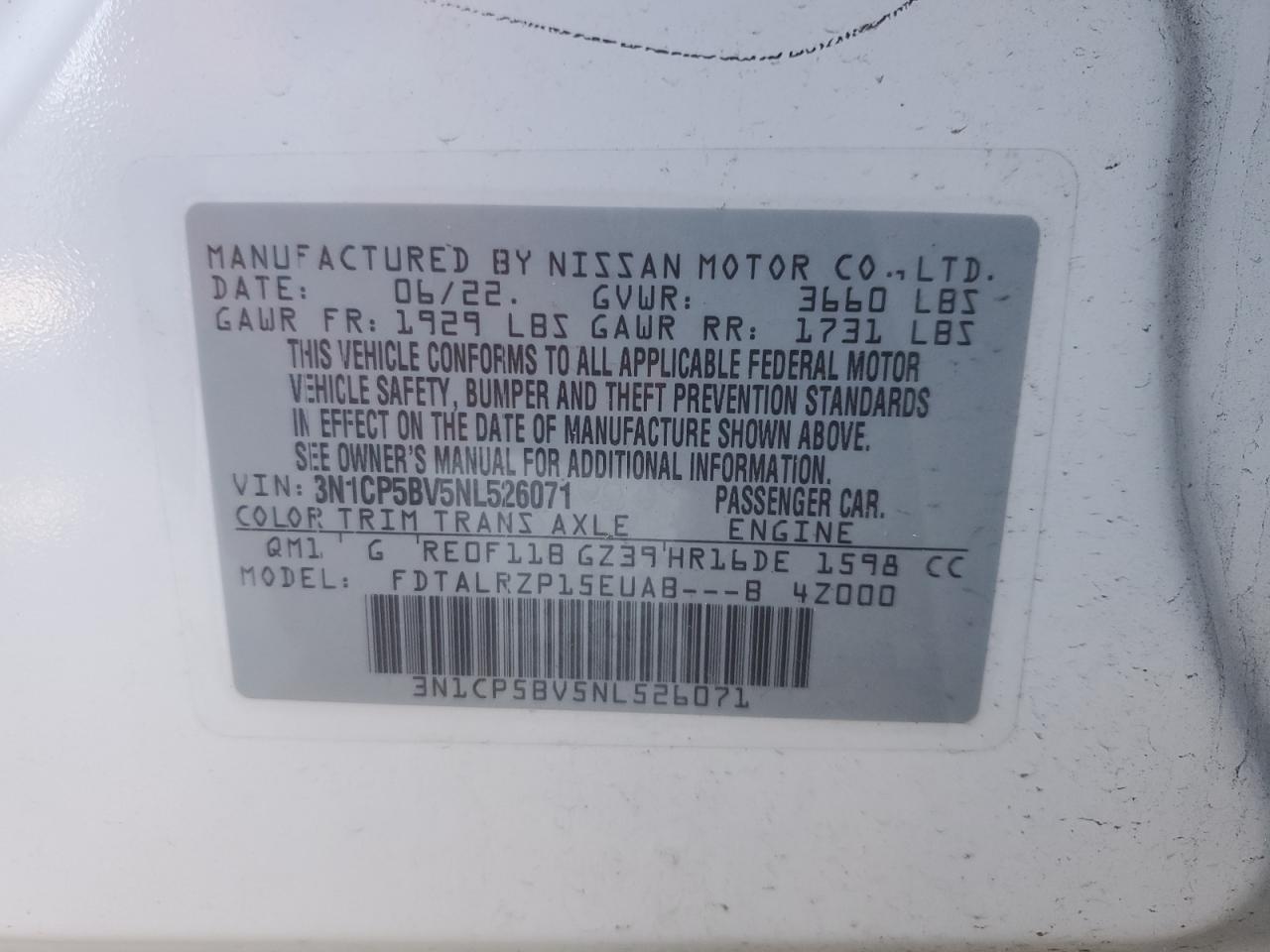2022 NISSAN KICKS S VIN:3N1CP5BV5NL526071