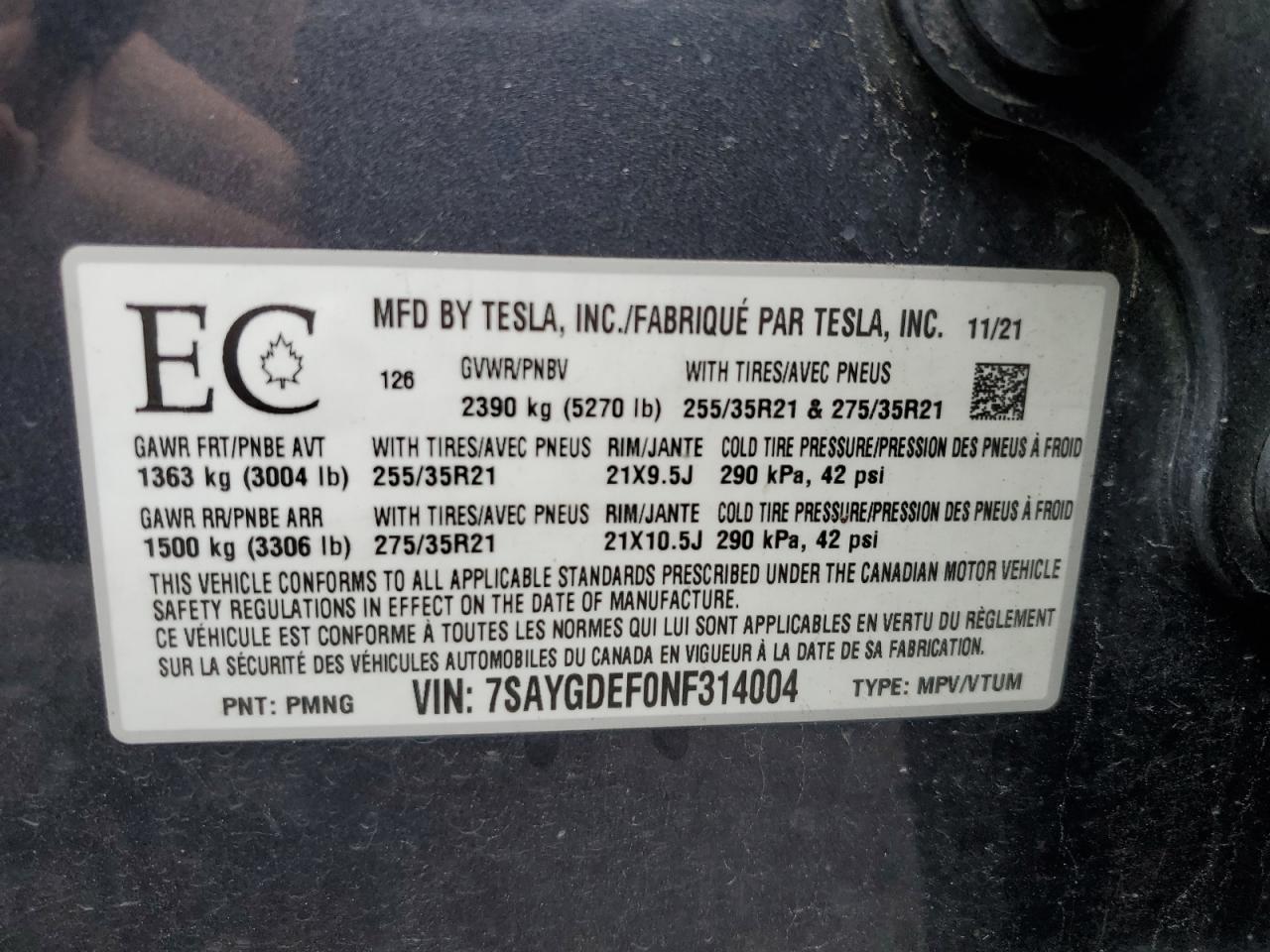 2022 TESLA MODEL Y  VIN:7SAYGDEF0NF314004
