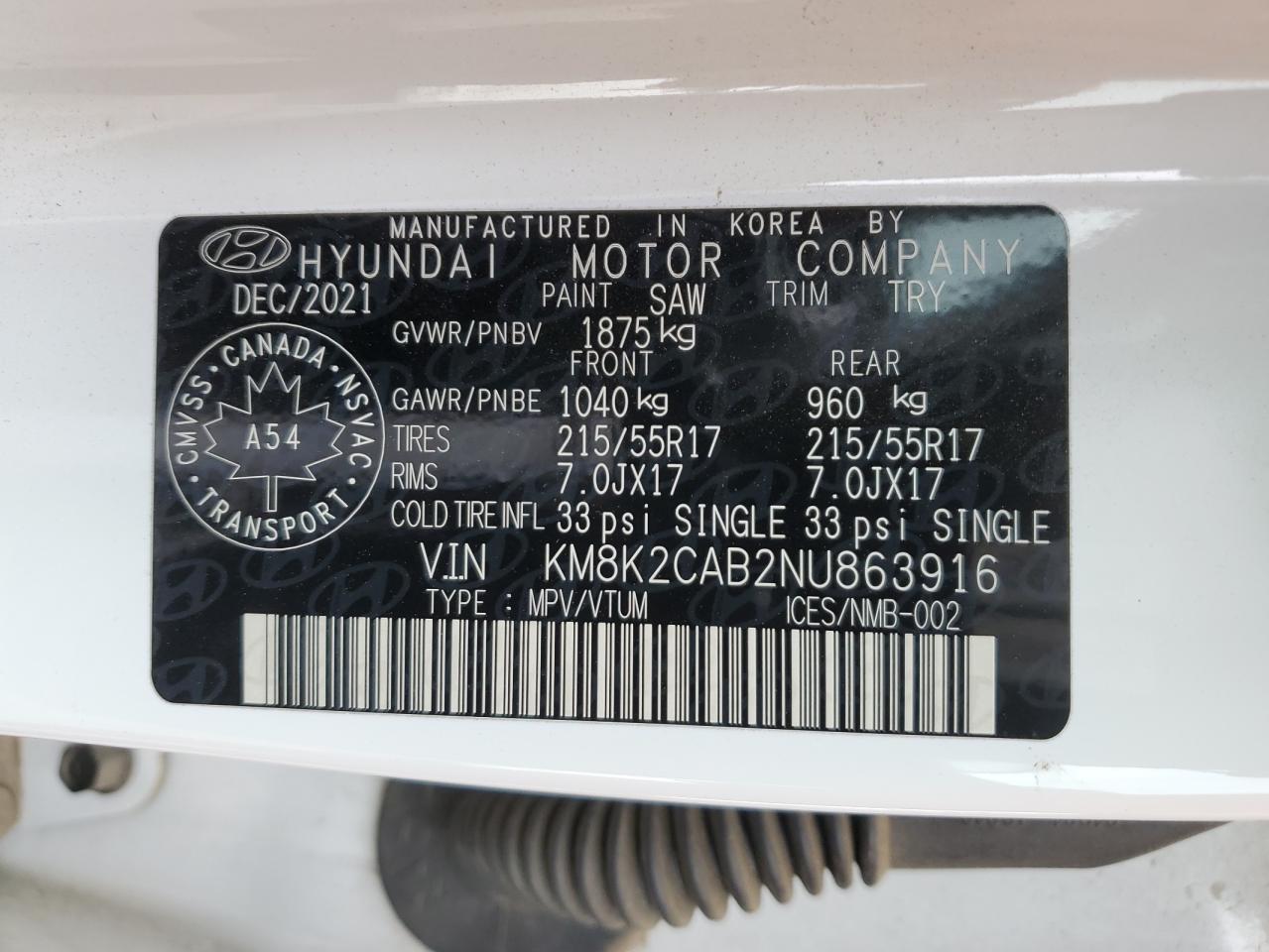 2022 HYUNDAI KONA SEL VIN:KM8K2CAB2NU863916