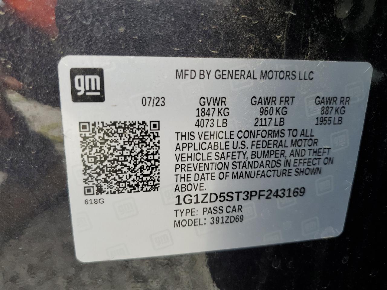 2023 CHEVROLET MALIBU LT VIN:1G1ZD5ST3PF243169