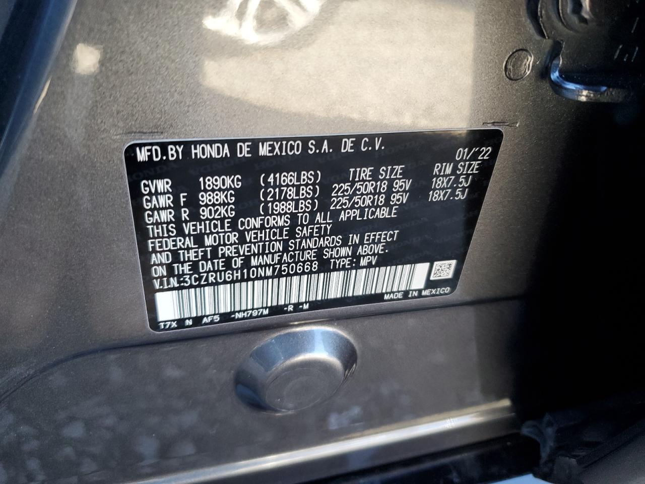 2022 HONDA HR-V SPORT VIN:3CZRU6H10NM750668