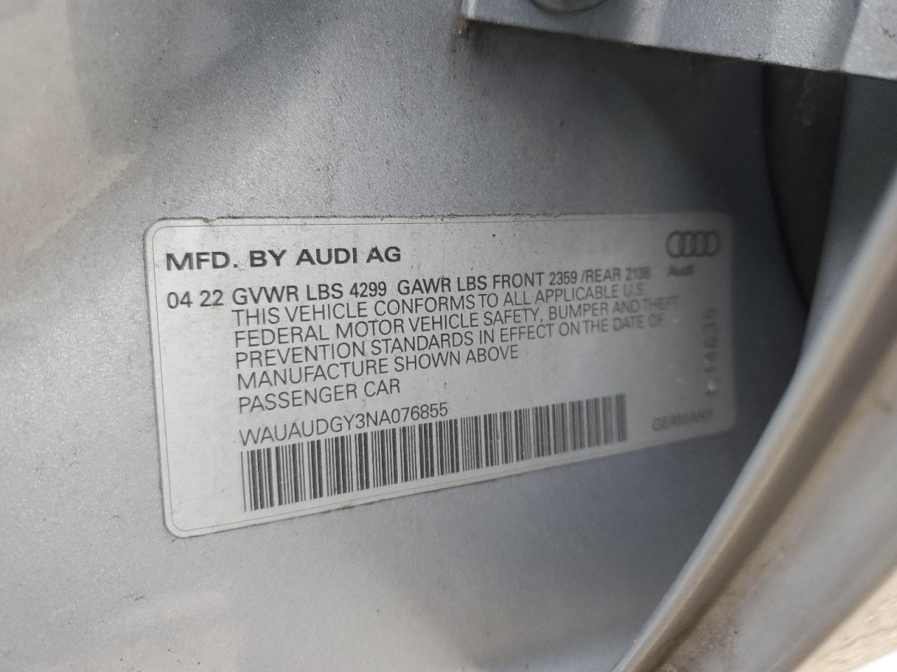 2022 AUDI A3 PREMIUM VIN:WAUAUDGY3NA076855