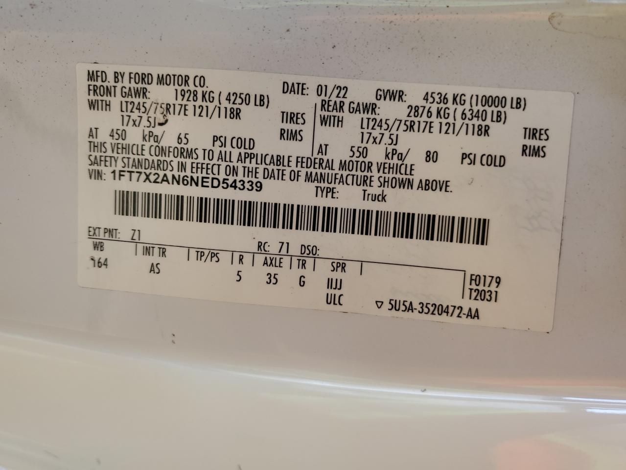 2022 FORD F250 SUPER DUTY VIN:1FT7X2AN6NED54339