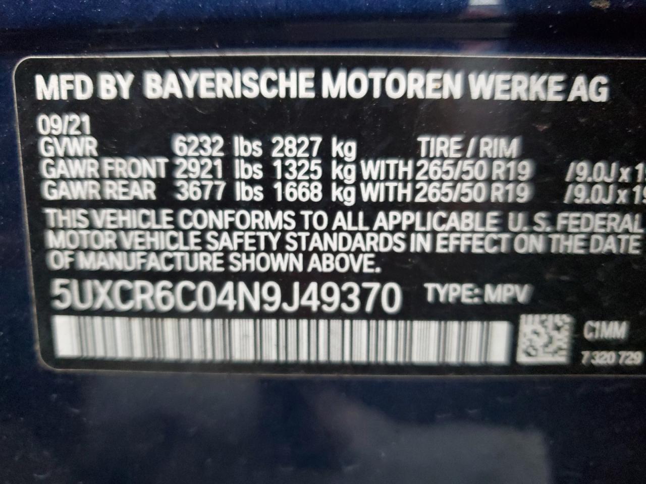 2022 BMW X5 XDRIVE40I VIN:5UXCR6C04N9J49370