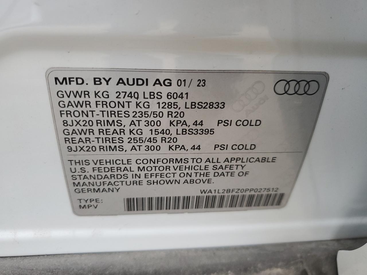 2023 AUDI Q4 E-TRON PREMIUM PLUS VIN:WA1L2BFZ0PP027512