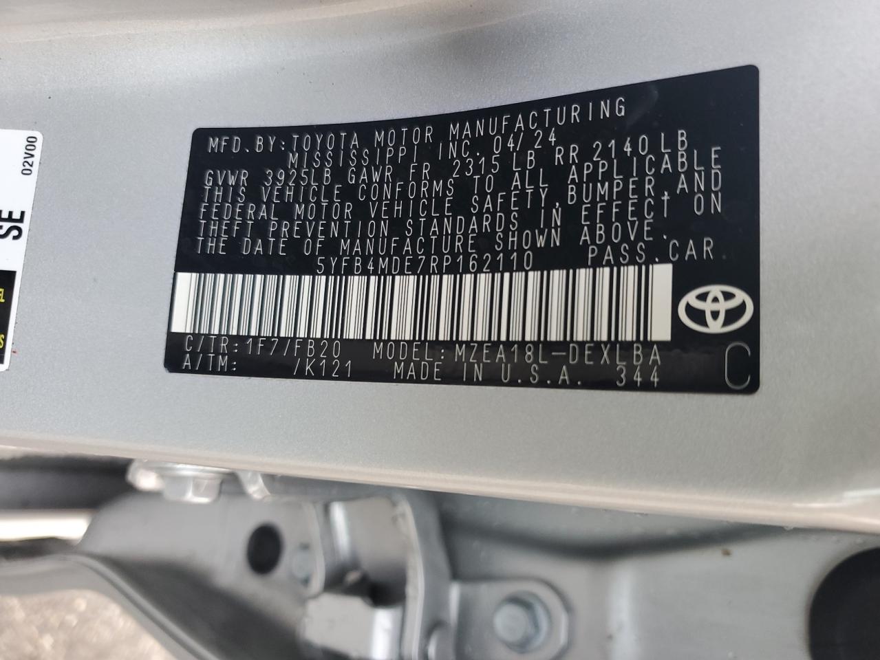 2024 TOYOTA COROLLA LE VIN:5YFB4MDE7RP162110