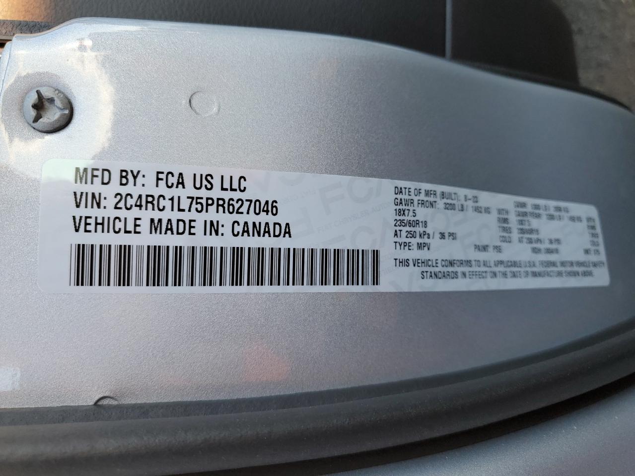 2023 CHRYSLER PACIFICA HYBRID TOURING L VIN:2C4RC1L75PR627046