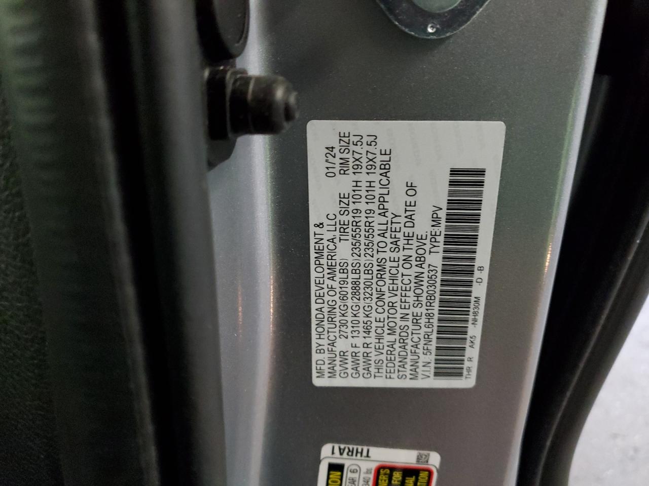 2024 HONDA ODYSSEY TOURING VIN:5FNRL6H81RB030537
