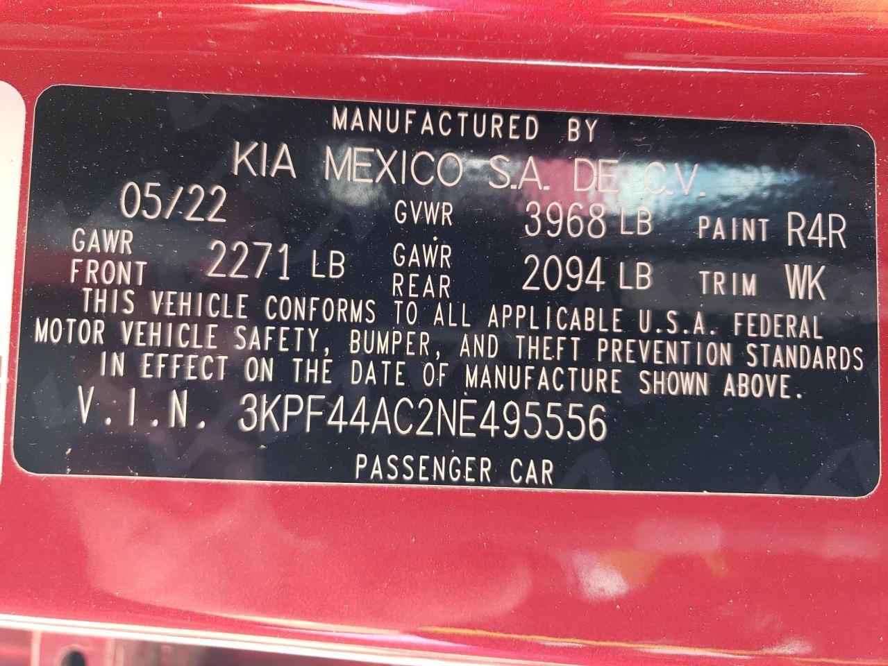 2022 KIA FORTE GT VIN:3KPF44AC2NE495556