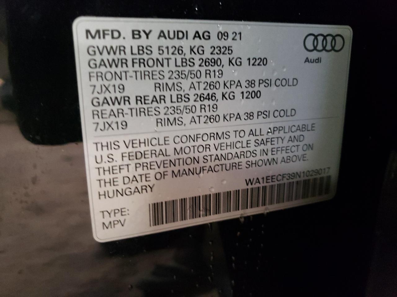 2022 AUDI Q3 PREMIUM PLUS S LINE 45 VIN:WA1EECF39N1029017