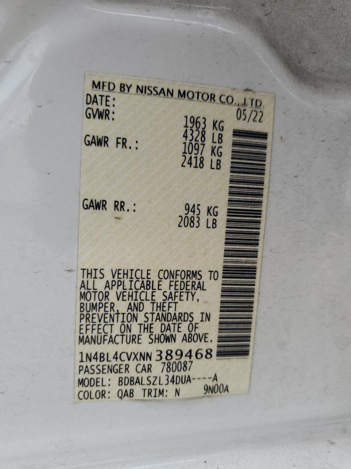 2022 NISSAN ALTIMA SR VIN:1N4BL4CVXNN389468