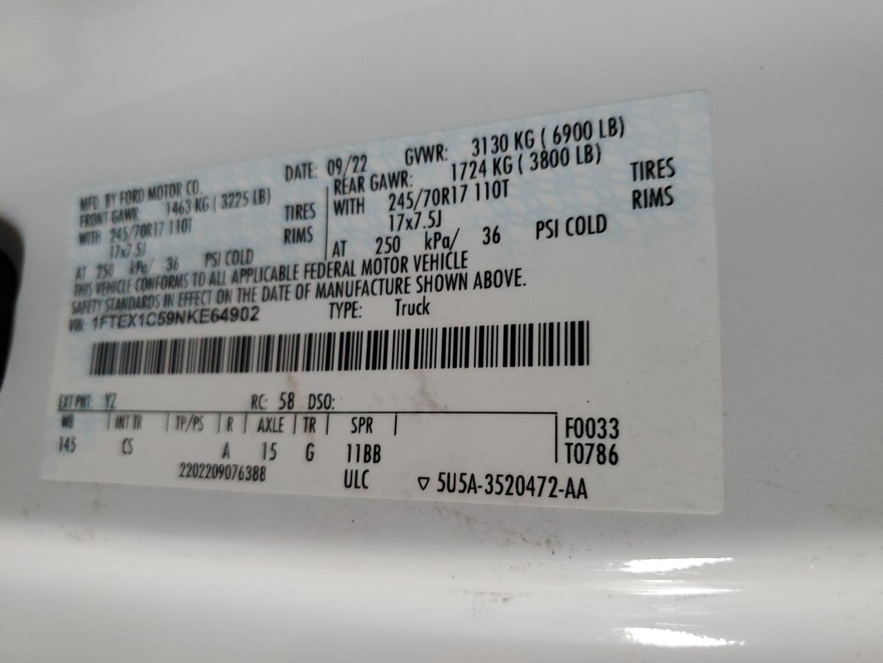 2022 FORD F150 SUPER CAB VIN:1FTEX1C59NKE64902