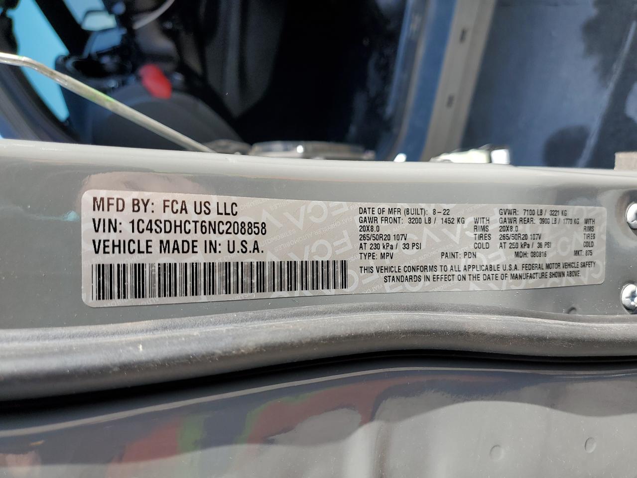 2022 DODGE DURANGO R/T VIN:1C4SDHCT6NC208858