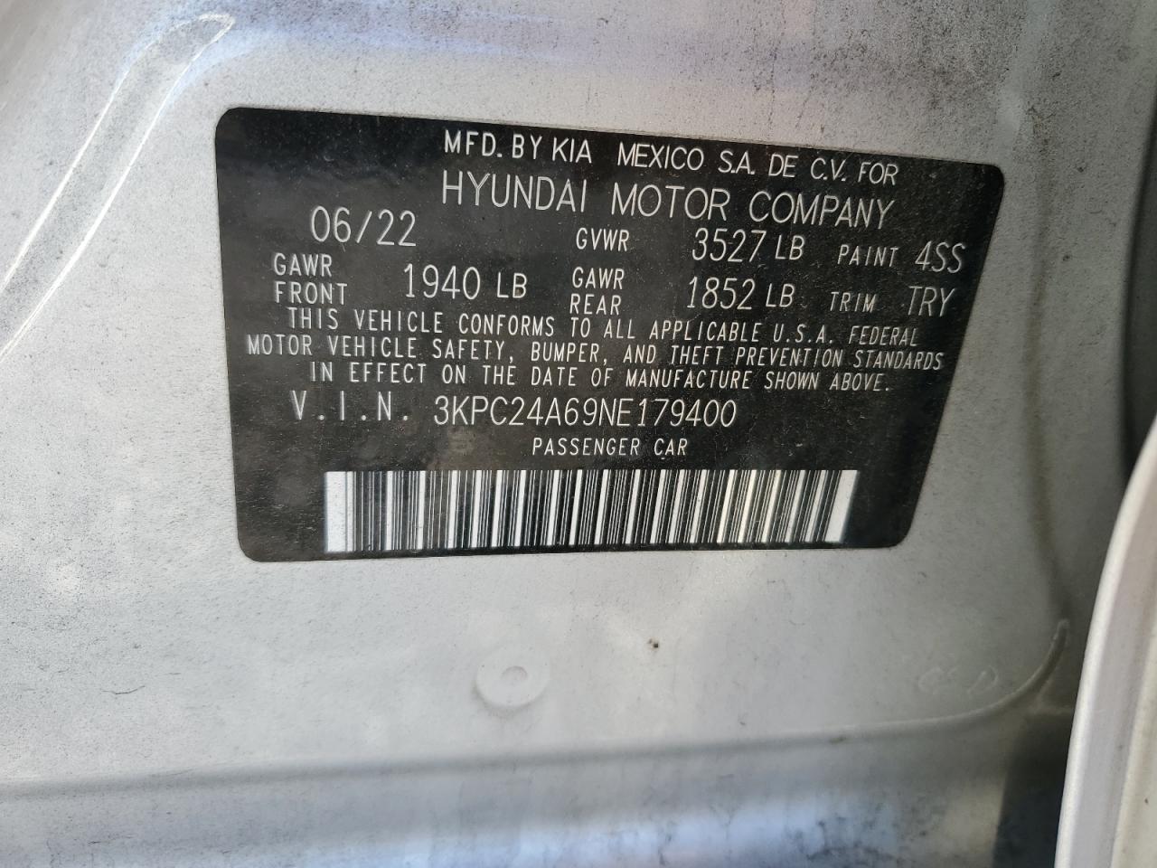 2022 HYUNDAI ACCENT SE VIN:3KPC24A69NE179400