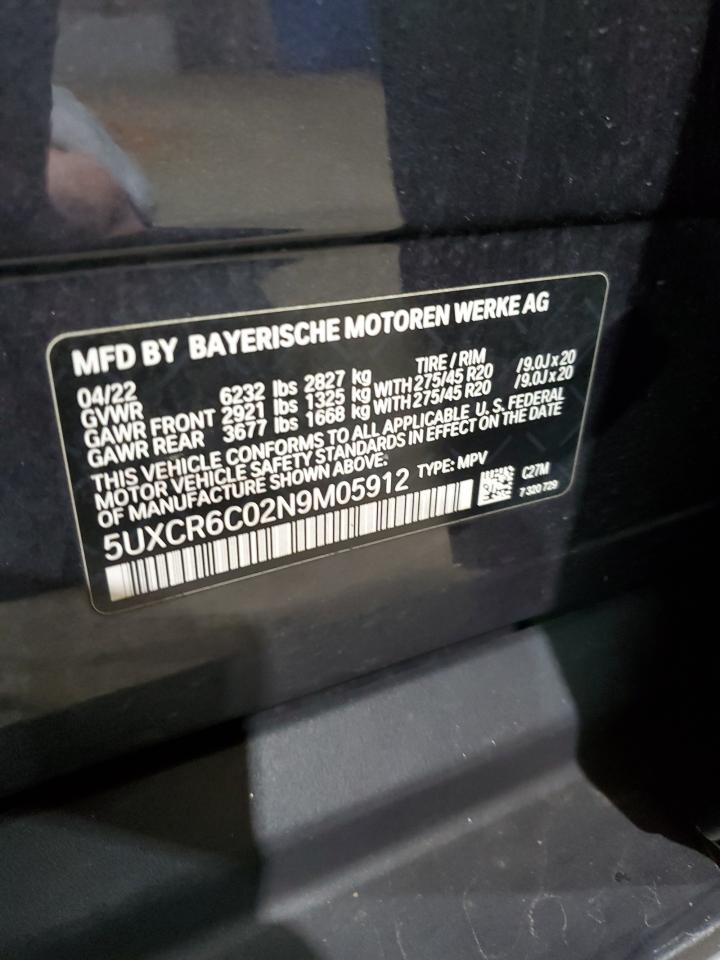 2022 BMW X5 XDRIVE40I VIN:5UXCR6C02N9M05912