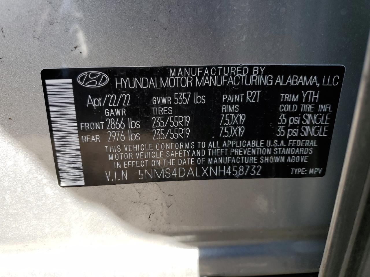 2022 HYUNDAI SANTA FE LIMITED VIN:5NMS4DALXNH458732