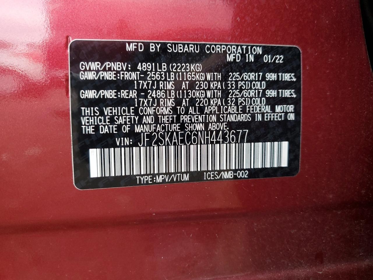 2022 SUBARU FORESTER PREMIUM VIN:JF2SKAEC6NH443677