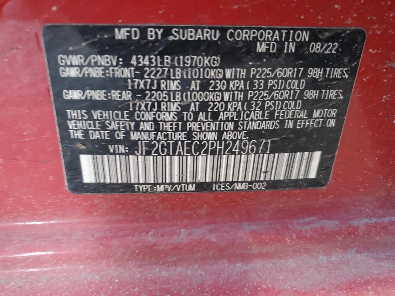 2023 SUBARU CROSSTREK PREMIUM VIN:JF2GTAEC2PH249671