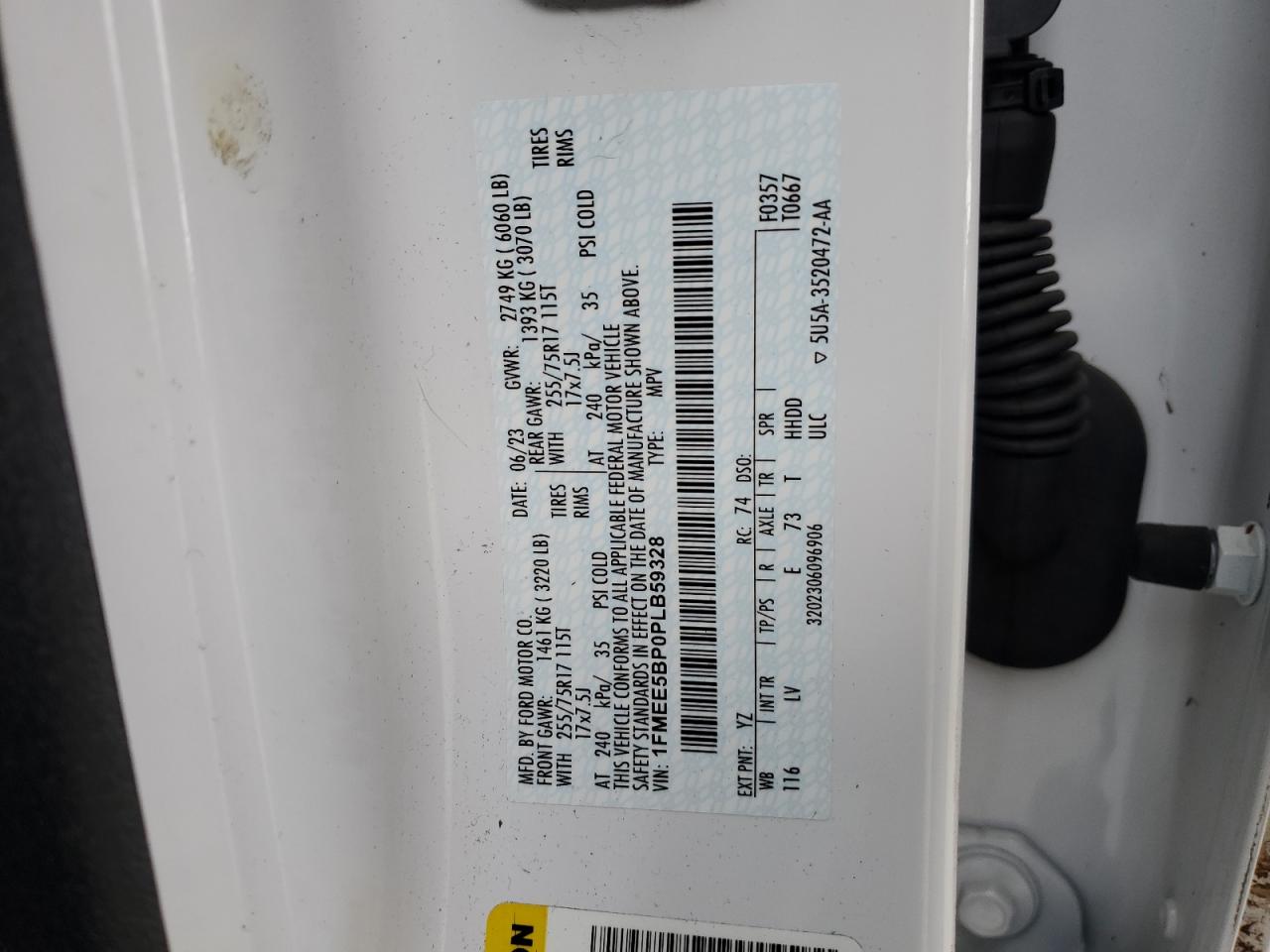 2023 FORD BRONCO BASE VIN:1FMEE5BP0PLB59328