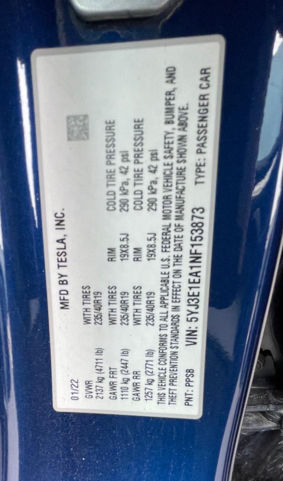 2022 TESLA MODEL 3  VIN:5YJ3E1EA1NF153873