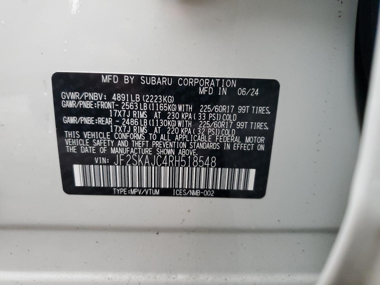 2024 SUBARU FORESTER WILDERNESS VIN:JF2SKAJC4RH518548