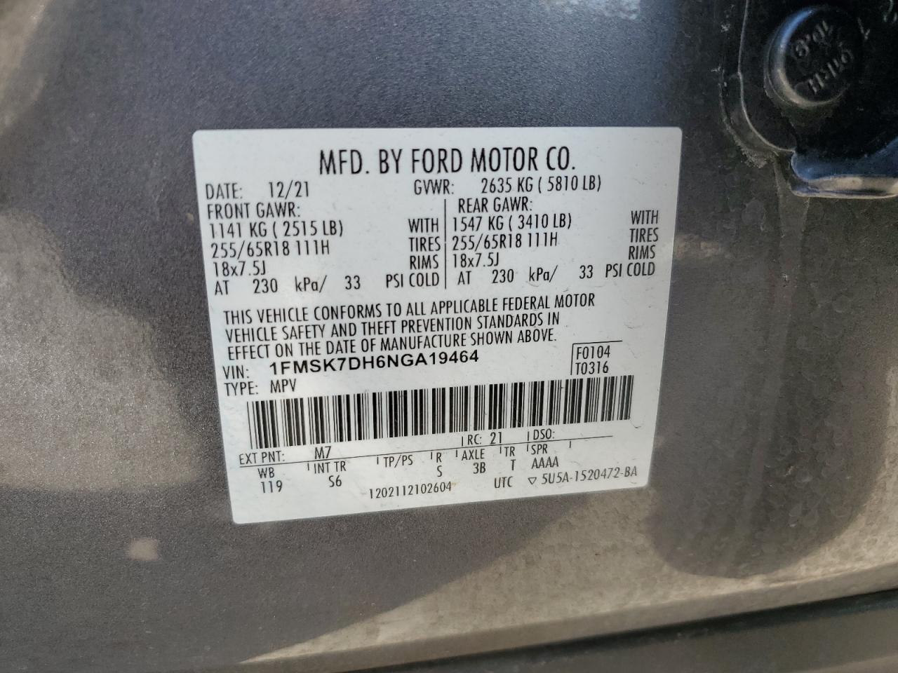2022 FORD EXPLORER XLT VIN:1FMSK7DH6NGA19464