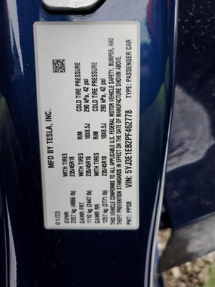 2023 TESLA MODEL 3  VIN:5YJ3E1EB2PF462778