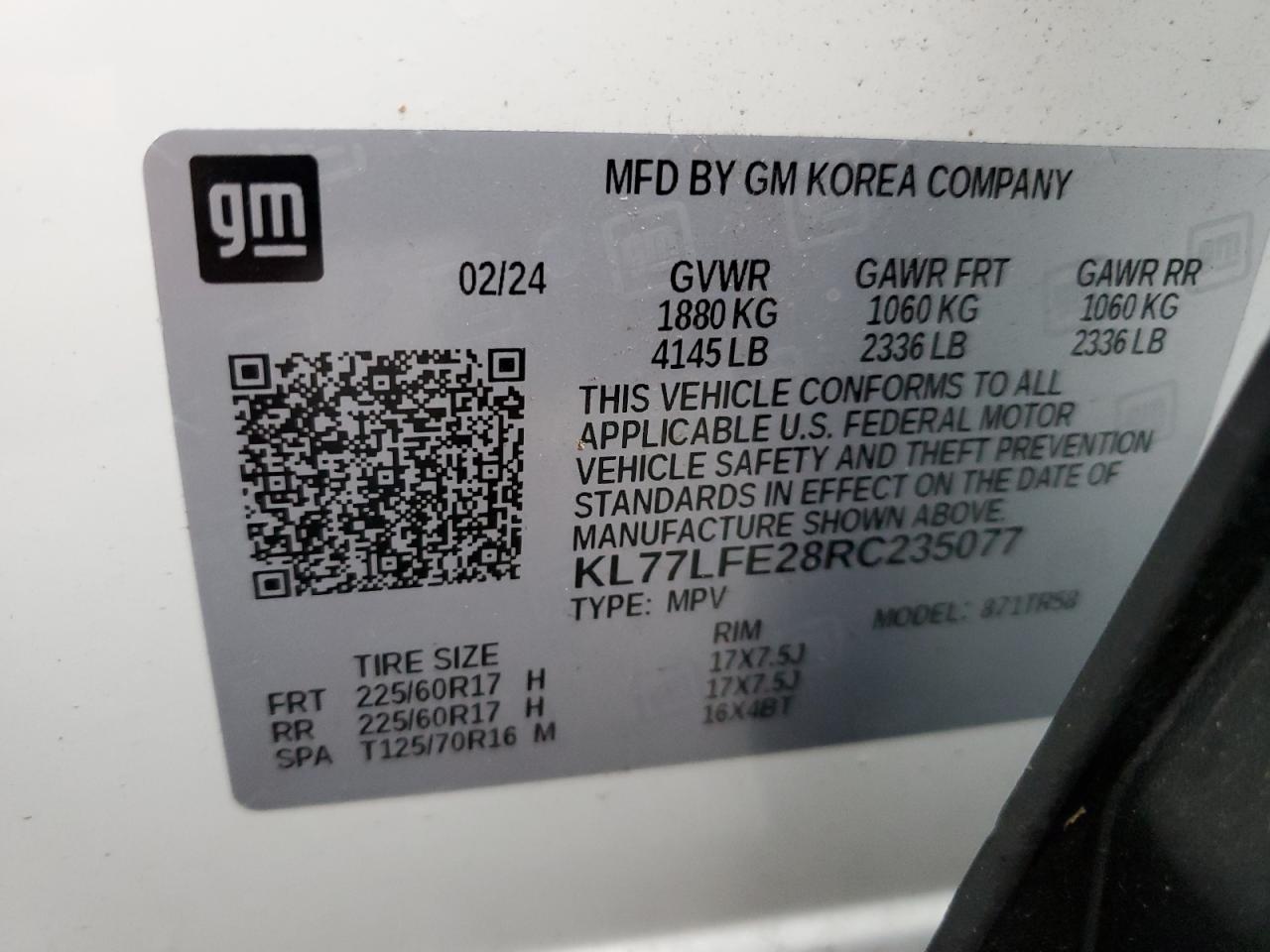 2024 CHEVROLET TRAX LS VIN:KL77LFE28RC235077