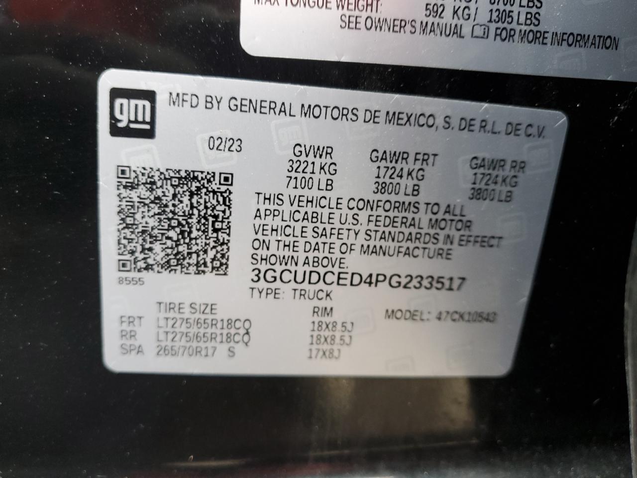 2023 CHEVROLET SILVERADO K1500 TRAIL BOSS CUSTOM VIN:3GCUDCED4PG233517