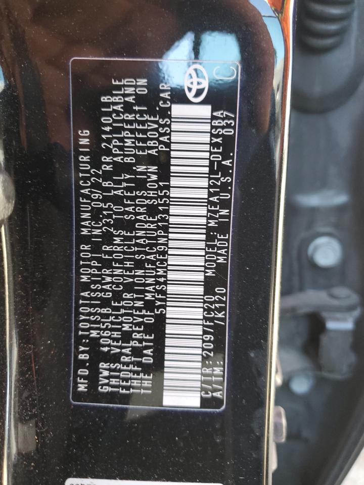 2022 TOYOTA COROLLA SE VIN:5YFS4MCE9NP131551