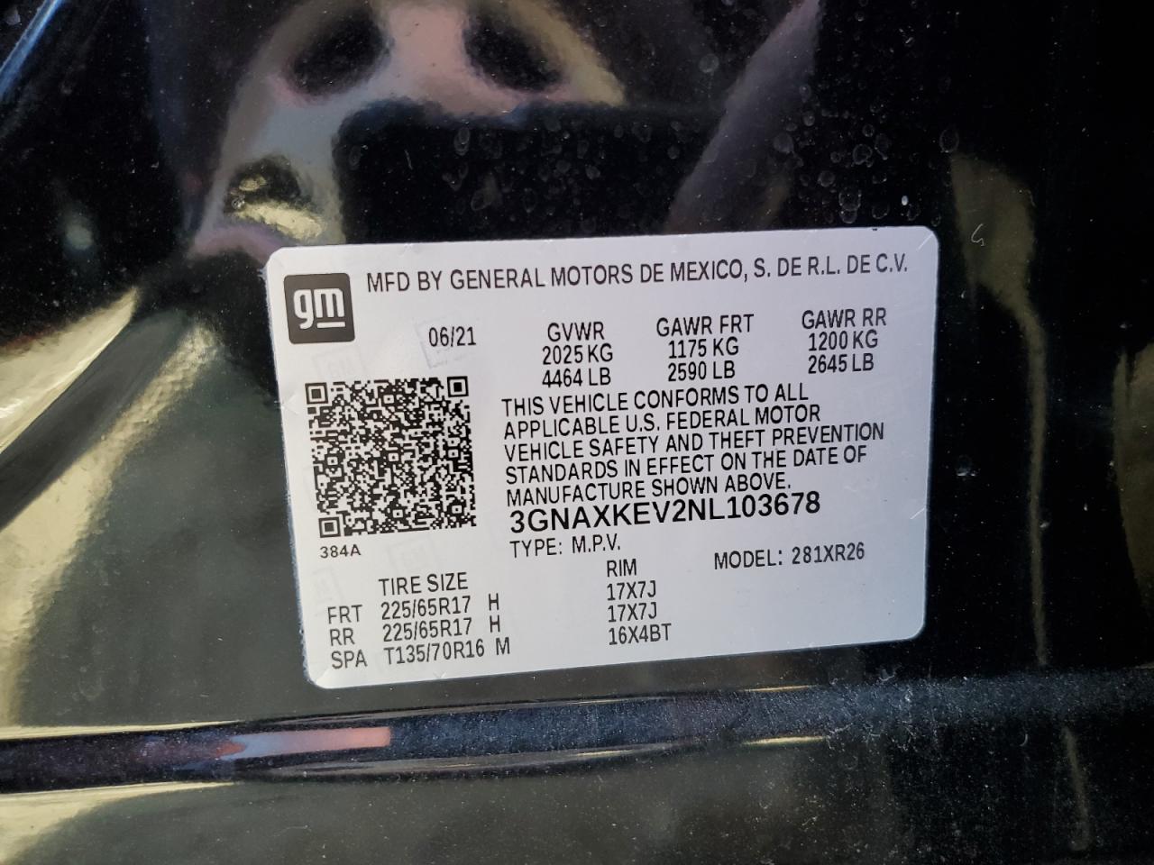 2022 CHEVROLET EQUINOX LT VIN:3GNAXKEV2NL103678