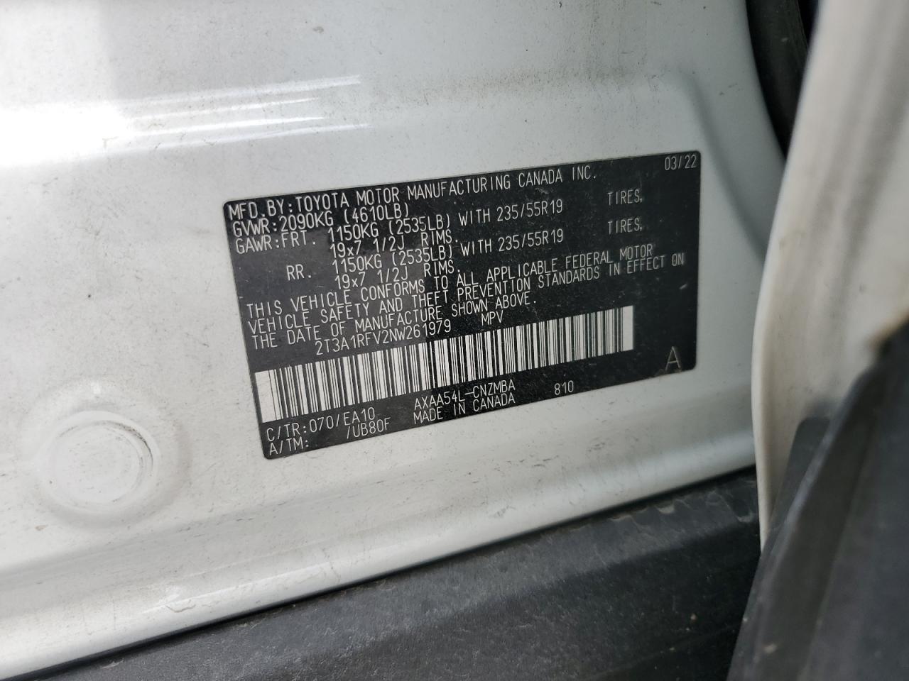 2022 TOYOTA RAV4 XLE PREMIUM VIN:2T3A1RFV2NW261979