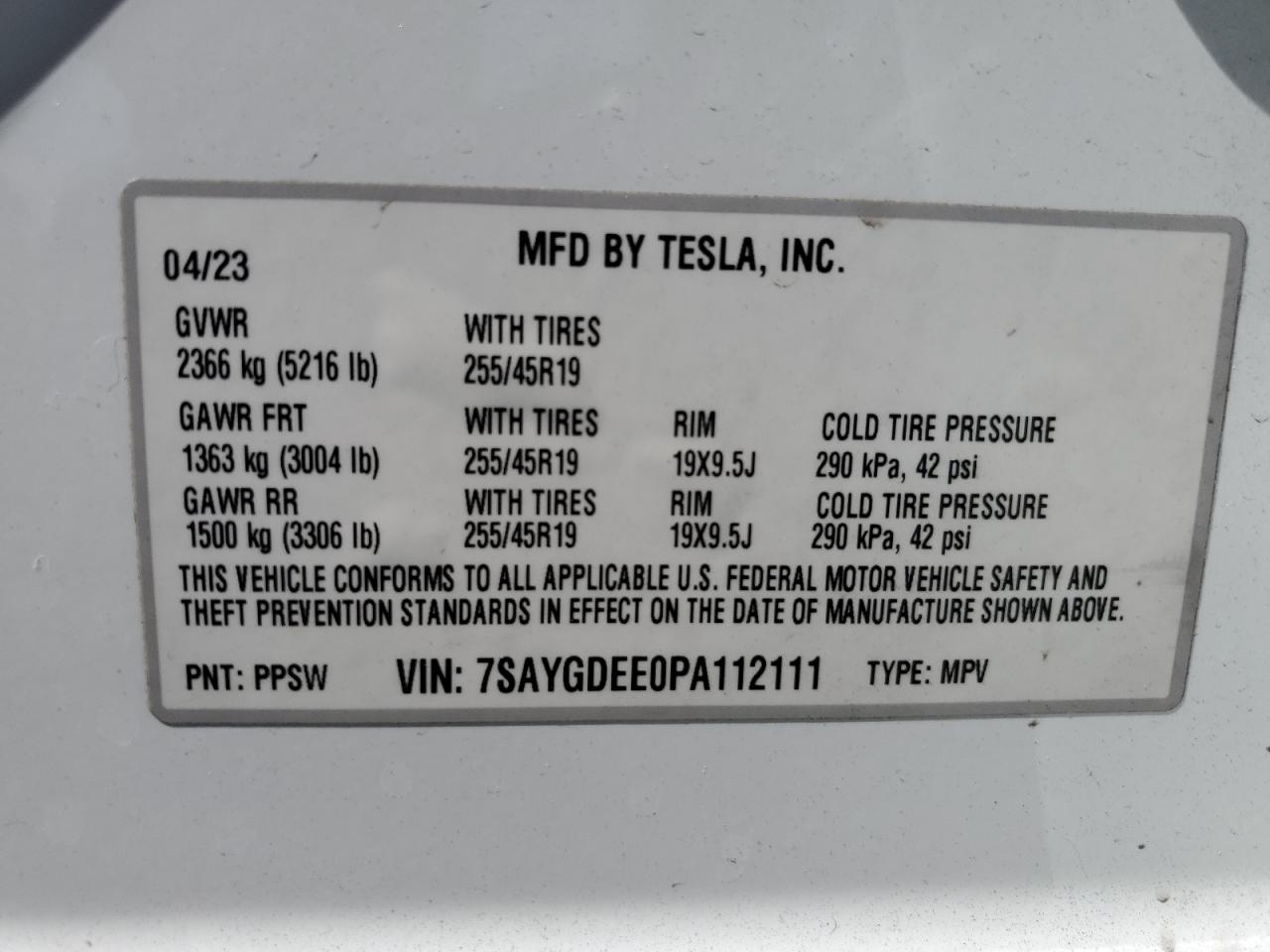 2023 TESLA MODEL Y  VIN:7SAYGDEE0PA112111