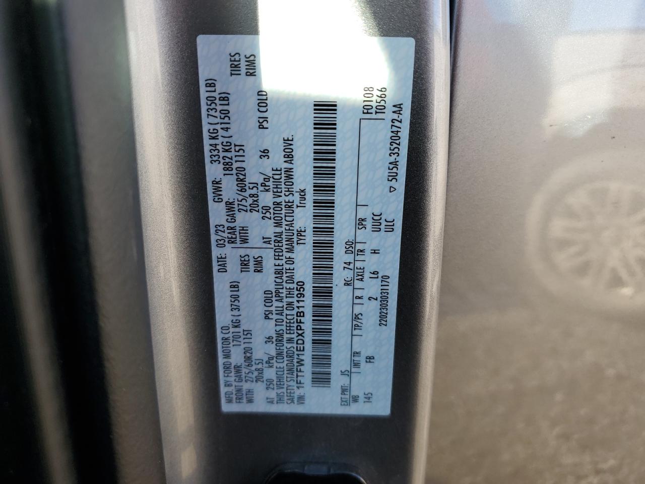 2023 FORD F150 SUPERCREW VIN:1FTFW1EDXPFB11950