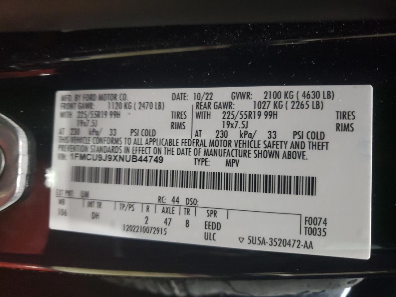 2022 FORD ESCAPE TITANIUM VIN:1FMCU9J9XNUB44749