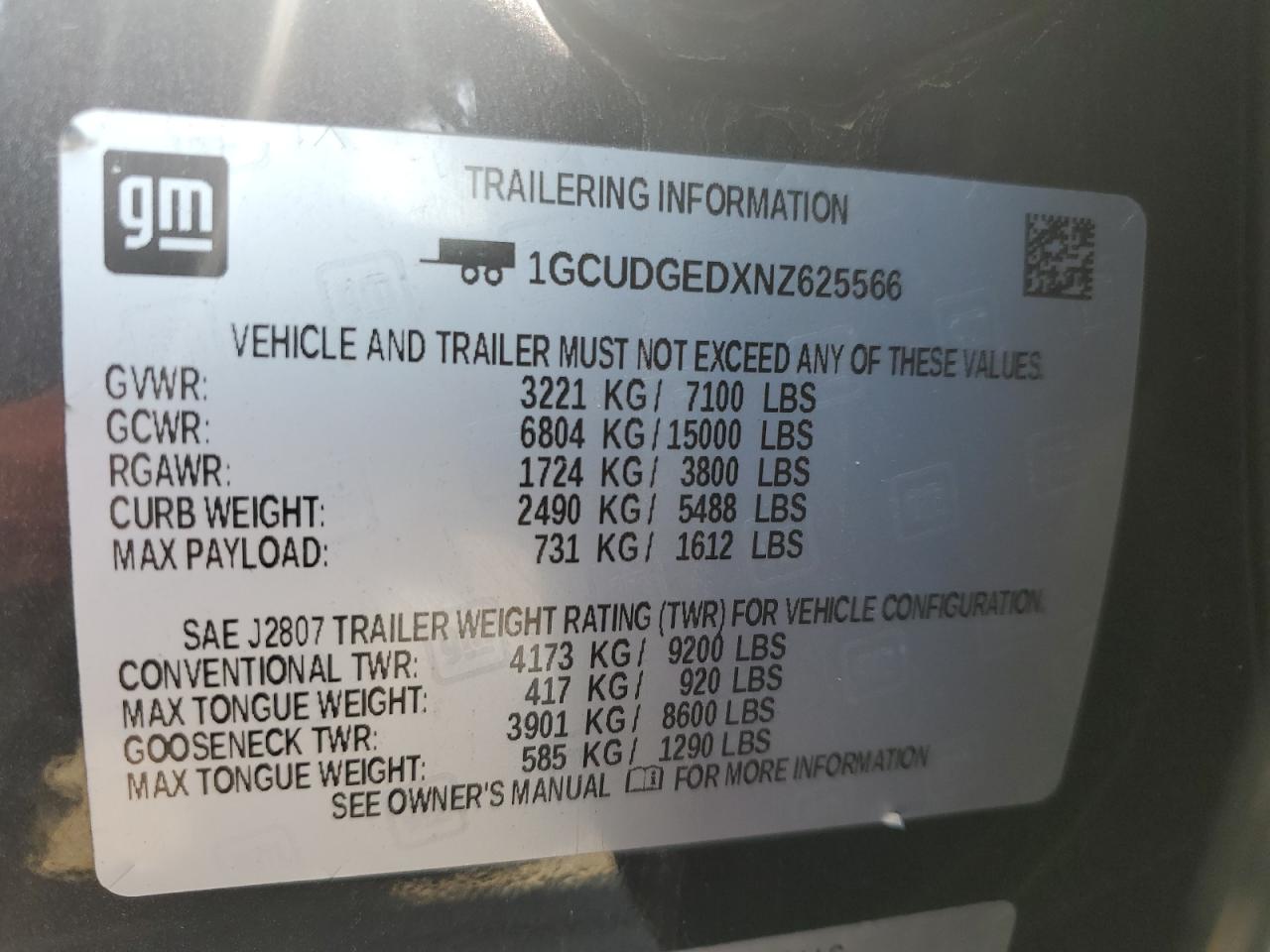 2022 CHEVROLET SILVERADO K1500 LTZ VIN:1GCUDGEDXNZ625566