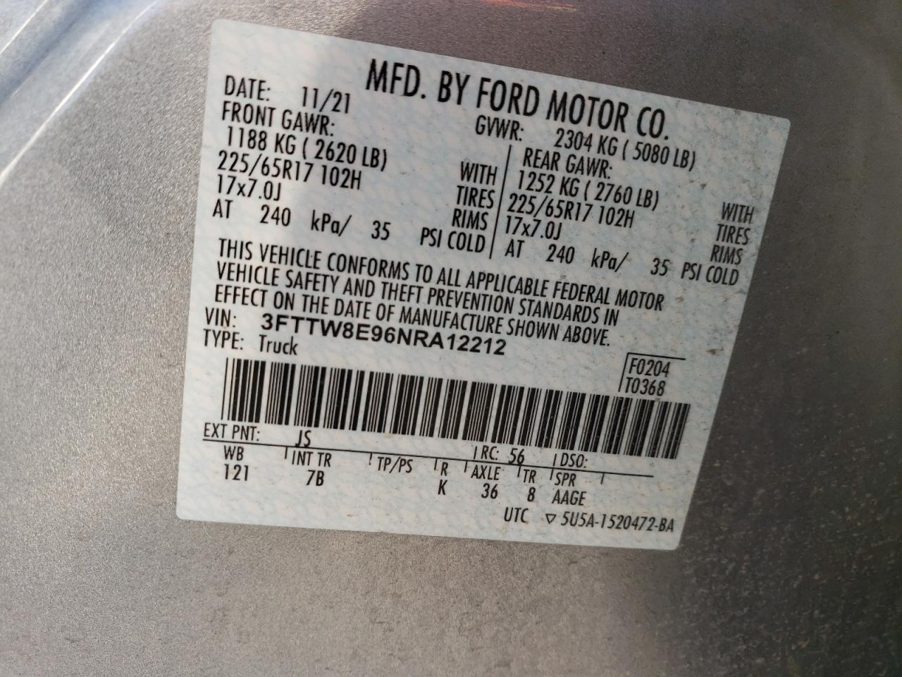 2022 FORD MAVERICK XL VIN:3FTTW8E96NRA12212